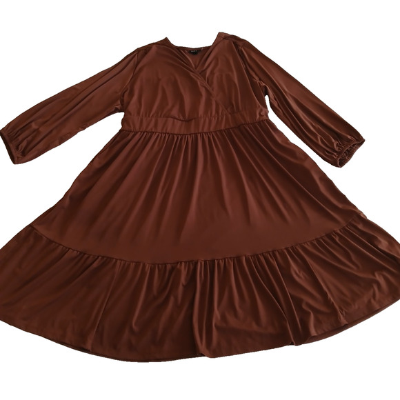 Torrid Women's Dress Plus Size 1 Brown Tiered Long Sleeve Fall Baby Doll Stretch - Picture 1 of 14